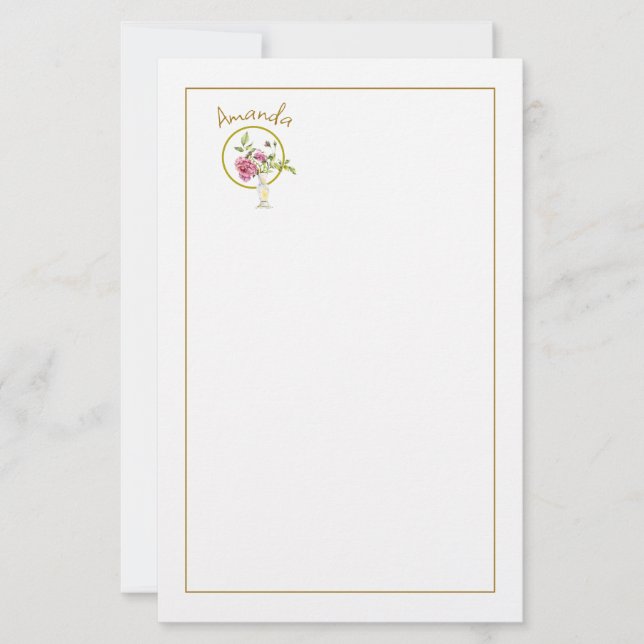 Vackert Rosa ros med Vas och Guld Ram Brevpapper (Framsida)