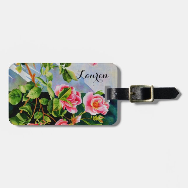 Vackert rosa ros, röd ros, vattenfärgad blommigt bagagebricka (Horisontell Framsida)