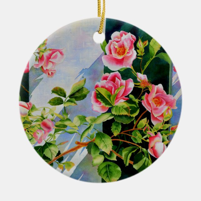 Vackert rosa ros, röd ros, vattenfärgad blommigt julgransprydnad keramik (Framsidan)