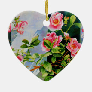 Vackert rosa ros, röd ros, vattenfärgad blommigt julgransprydnad keramik