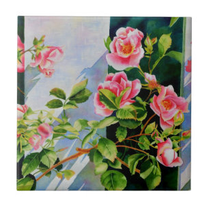 Vackert rosa ros, röd ros, vattenfärgad blommigt kakelplatta