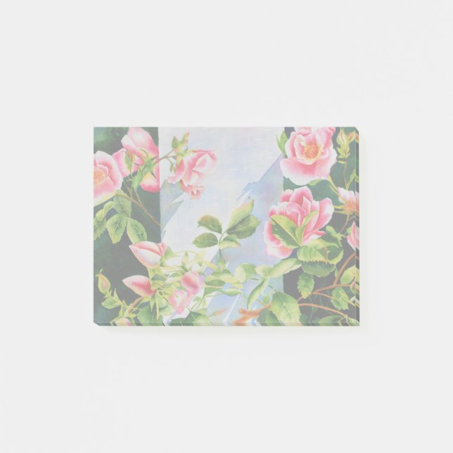 Vackert rosa ros, röd ros, vattenfärgad blommigt post-it block (Framsida)