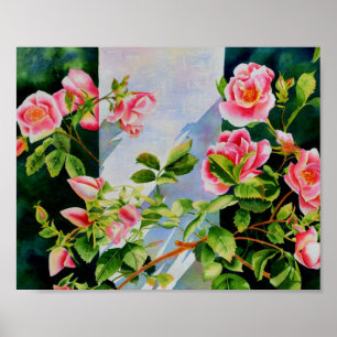 Vackert rosa ros, röd ros, vattenfärgad blommigt poster