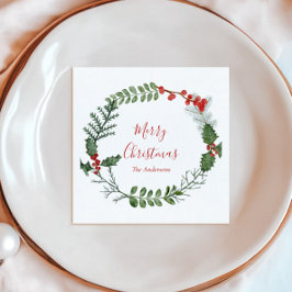 Vackert rött och Grönt Vattenfärgad julkrans anded Pappersservett