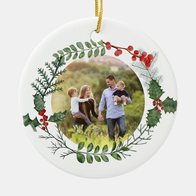 Vackert rött och Grönt Vattensfärgat julfoto Julgransprydnad Keramik (Framsidan)