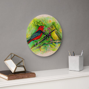 Vackert Scarlet Tanagers Watercolor Art Stor Klocka