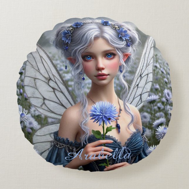 Vackert september Fairy i Asters Rund Kudde (Framsidan)