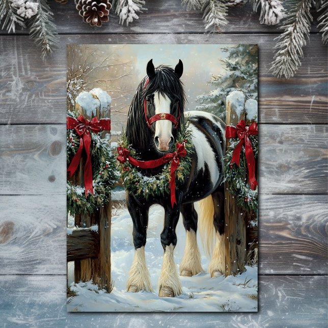 Vackert Shire Draft Horse and Wandeann-jul Helgkort (Front - Beautiful Shire Draught Horse and Wreath Christmas Holiday Card)