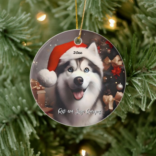 Vackert Siberian husky med Santa Hat Julgransprydnad Keramik (Träd)
