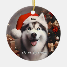 Vackert Siberian husky med Santa Hat Julgransprydnad Keramik