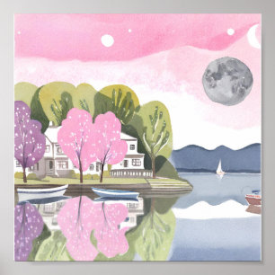 Vackert Sjö av huset med full Rosa Poster