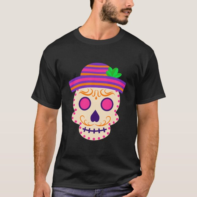 Vackert Skull med Sombrero Día de los Muertos T Shirt (Framsida)