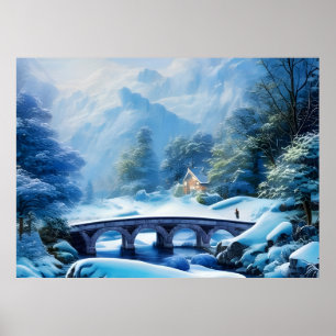 Vackert snö fyllda landskap med stenbro poster