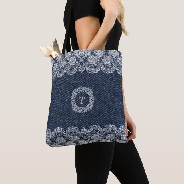 Vackert Snöre Blue Denim Mönster Tote Bag Tygkasse (Närbild)