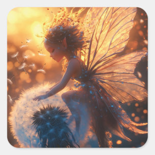 Vackert Sol Fairy med Dandelion Fyrkantigt Klistermärke