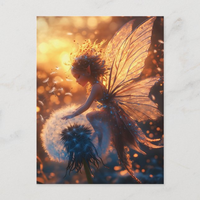 Vackert Sol Fairy med Dandelion Helg Vykort (Framsida)