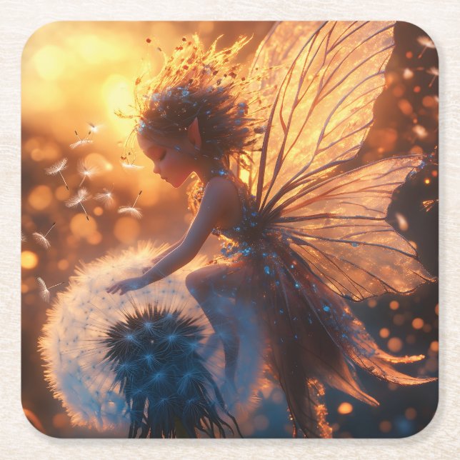 Vackert Sol Fairy med Dandelion Underlägg Papper Kvadrat (Framsidan)