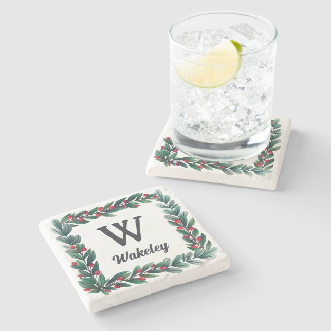 Vackert Square jul-utandningsmonogram Stenunderlägg (Sidan)