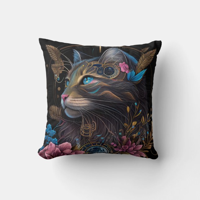 Vackert steampunk Maine Coon med blommor AI art Kudde (Framsida)