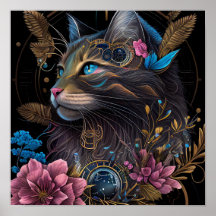 Vackert steampunk Maine Coon med blommor AI art