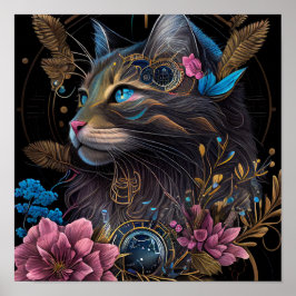 Vackert steampunk Maine Coon med blommor AI art Poster