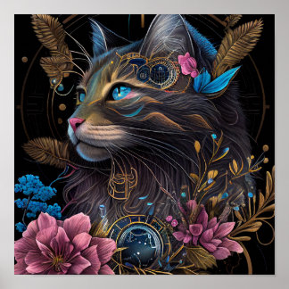 Vackert steampunk Maine Coon med blommor AI art Poster