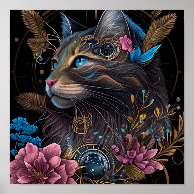 Vackert steampunk Maine Coon med blommor AI art Poster (Framsidan)
