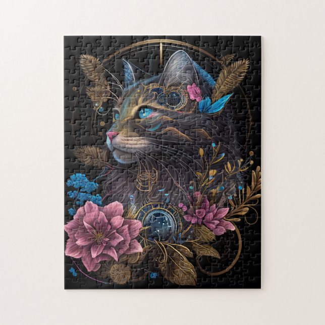 Vackert steampunk Maine Coon med blommor AI art Pussel (Vertikal)