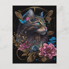 Vackert steampunk Maine Coon med blommor AI art Vykort