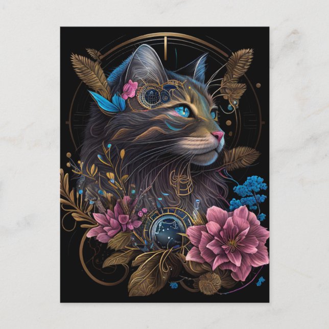 Vackert steampunk Maine Coon med blommor AI art Vykort (Framsida)