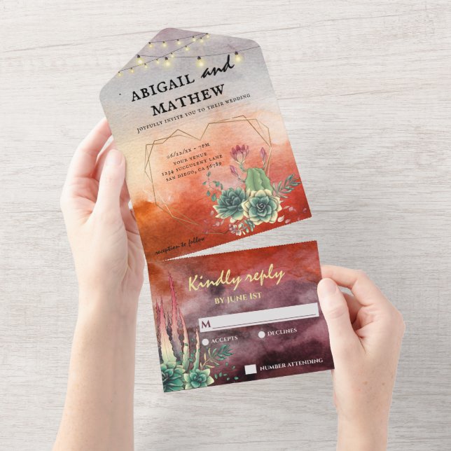 Vackert Succulent Sunset Heart Geometric Bröllop (Tearaway)