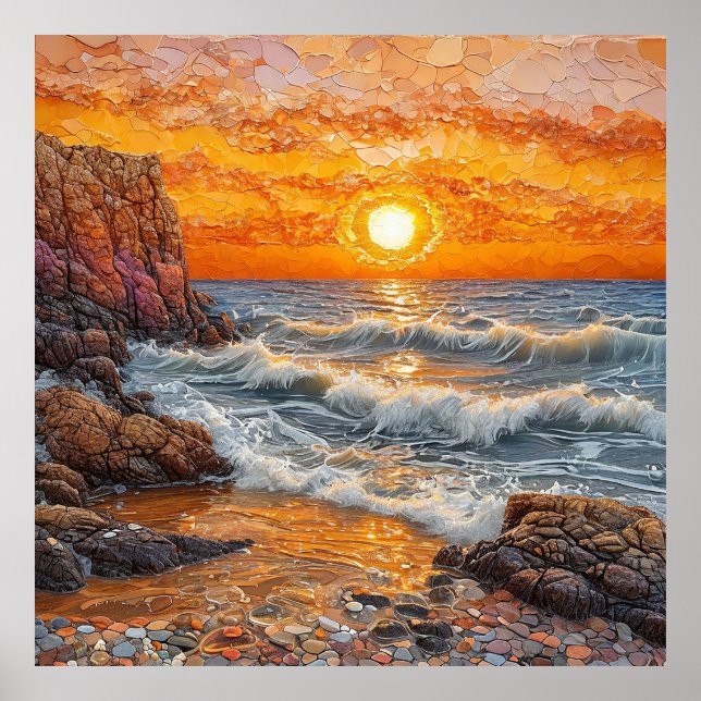 Vackert Sunset över havet med Vågar Poster (Framsidan)
