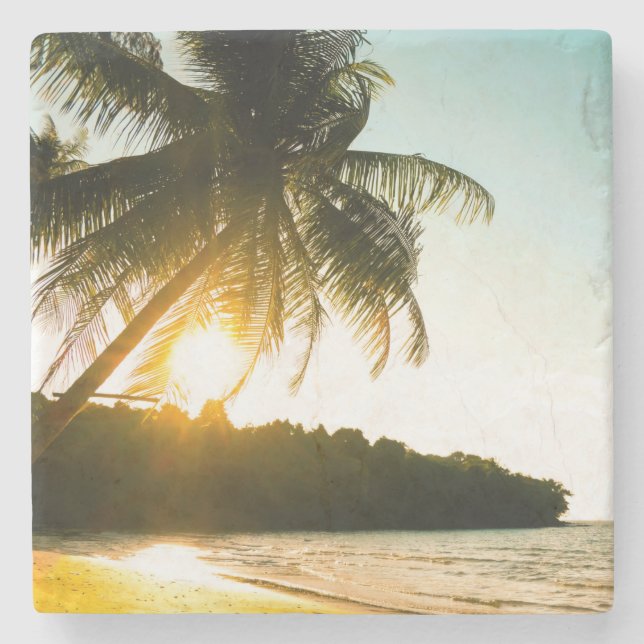 Vackert Sunset på Tropical Beach med Handflatan Tr Stenunderlägg (Framsidan)