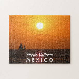 Vackert Sunset with Boat Puerto Vallarta Mexico Pussel