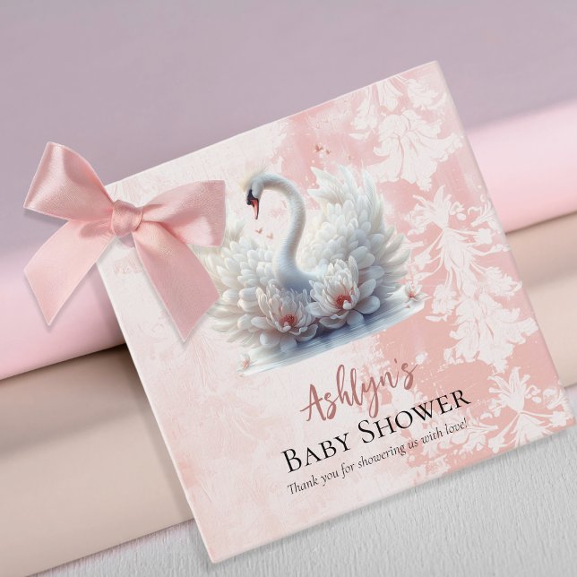 Vackert Svan Rosa Blommigt Damask Girl Baby Shower Gåvor Etiketter (Beautiful Swan Pink Floral Damask Girl Baby Shower Favor Tags)