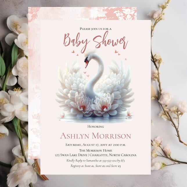Vackert Svan Rosa Blommigt Damask Girl Baby Shower Inbjudningar (Beautiful Swan Pink Floral Damask Girl Baby Shower Invitation)