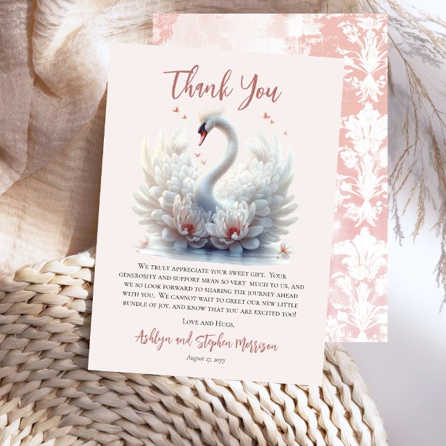 Vackert Svan Rosa Blommigt Damask Girl Baby Shower Tack Kort (Beautiful Swan Pink Floral Damask Girl Baby Shower Thank You Card)