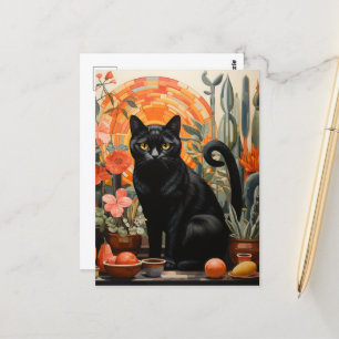 Vackert svart katt i Houseplantor, fortfarande liv Vykort