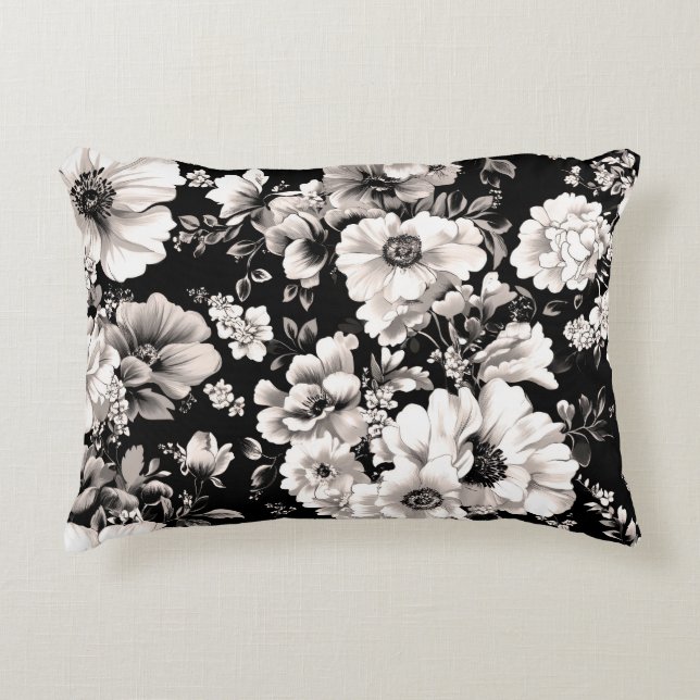 Vackert svart och lätt sepia-blommigt prydnadskudde (Framsidan)