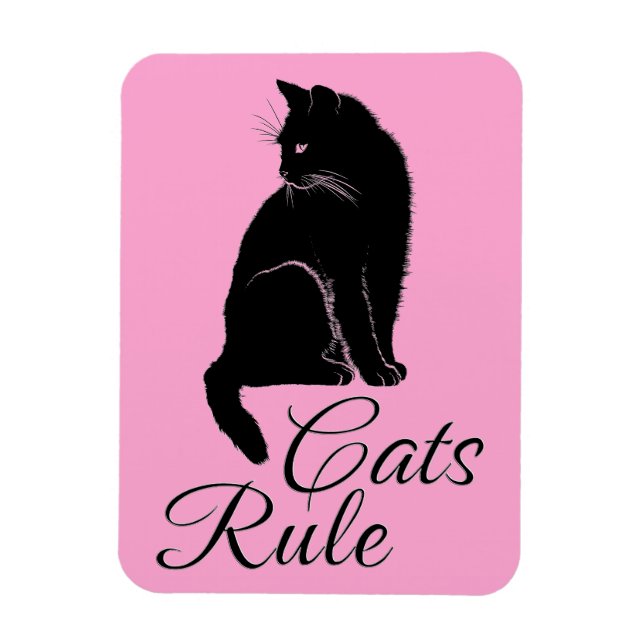 Vackert svart Sitta-katt med texten "Katter Rule" Magnet (Vertikal)