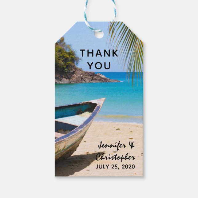 Vackert Tropiskt Beach med Rowboat-Tack Presentetikett (Framsidan)