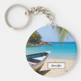 Vackert Tropiskt buss med en Rowboat Nyckelring