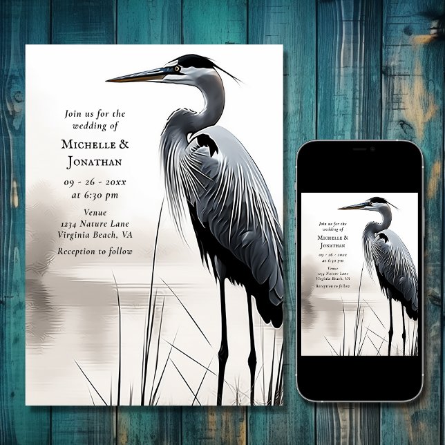Vackert Underbart blå Heron Kustfågel Bröllop Inbjudningar (Beautiful Great Blue Heron Water Bird Wedding Invitation)