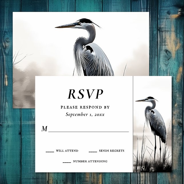 Vackert Underbart blå Heron Kustfågel Bröllop OSA Kort (Beautiful Great Blue Heron Water Bird Wedding RSVP Card)