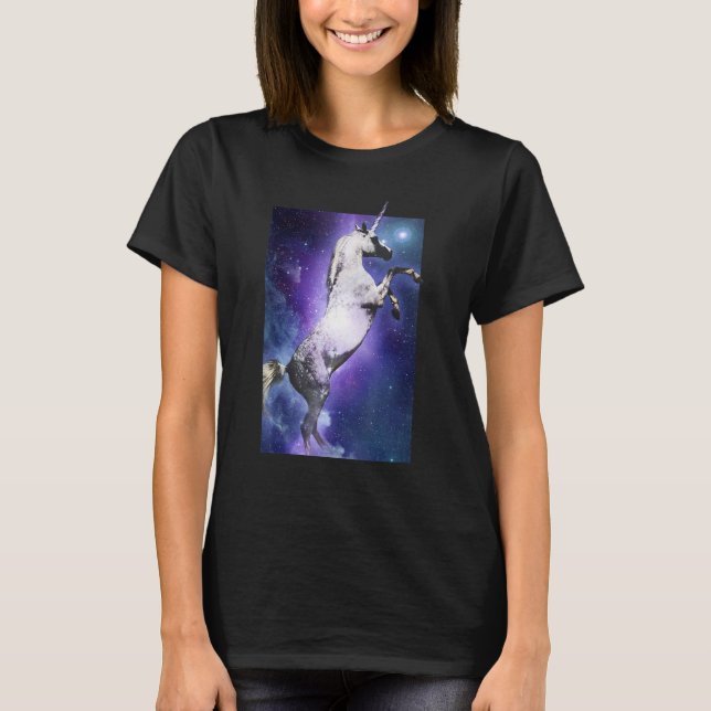 Vackert Unicorn flyger över rymden T Shirt (Framsida)