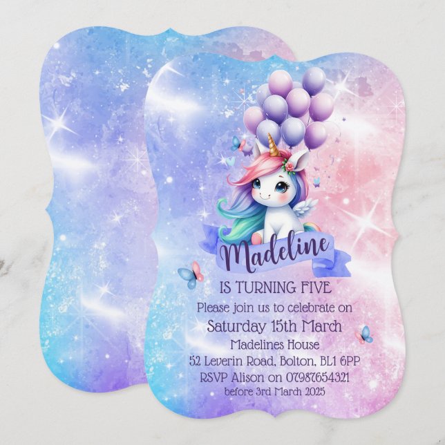 Vackert Unicorn med ballontemeinbjudningar Inbjudningar (Fram/baksida)
