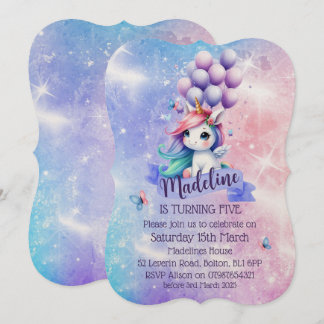 Vackert Unicorn med ballontemeinbjudningar Inbjudningar