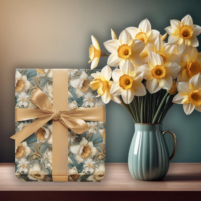 Vackert vårbarocka narcissblommor blommönster presentpapper (Beautiful Spring Baroque Daffodils Floral Seamless Pattern Wrapping Paper)