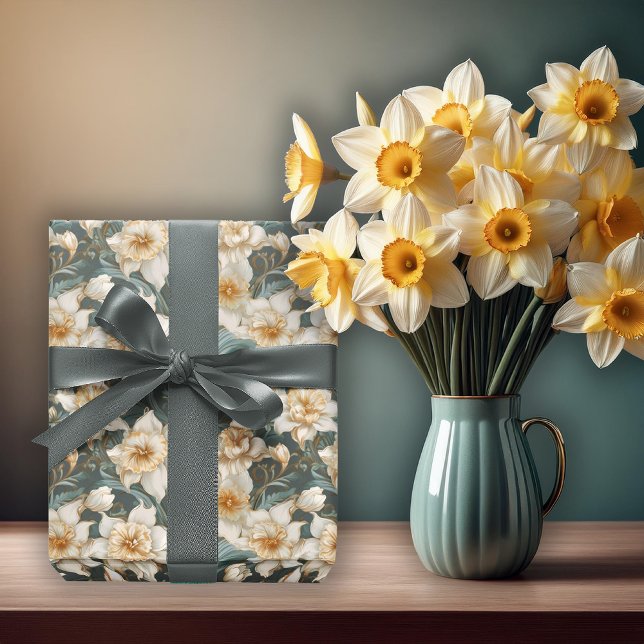 Vackert vårbarockt narcissblommönster presentpapper (Beautiful Spring Baroque Daffodils Floral Seamless Pattern Wrapping Paper)