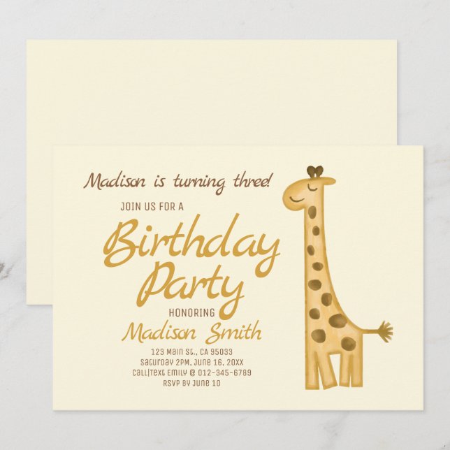 Vackert vätefärgad Giraffe Birthday-inbjudan Inbjudningar (Fram/baksida)